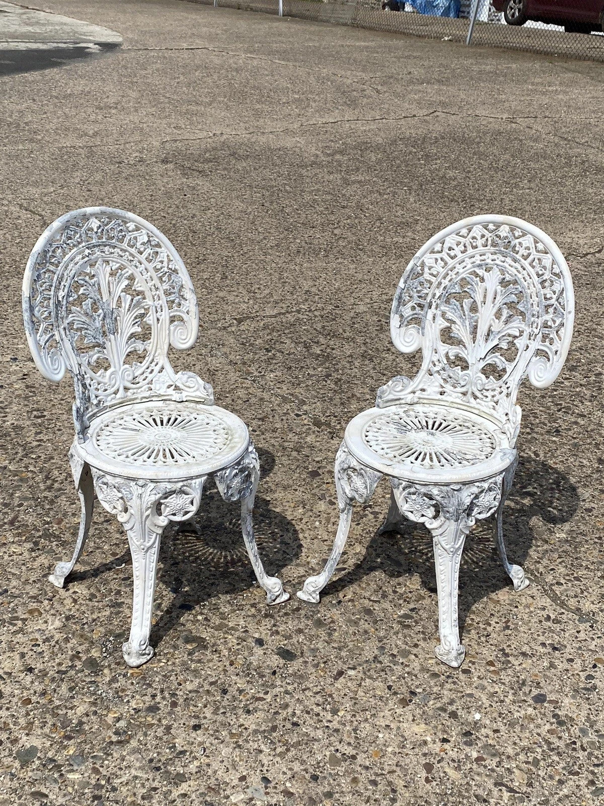 Cast Aluminum Antique Victorian Style Outdoor Garden Bistro Side Chairs - Pair