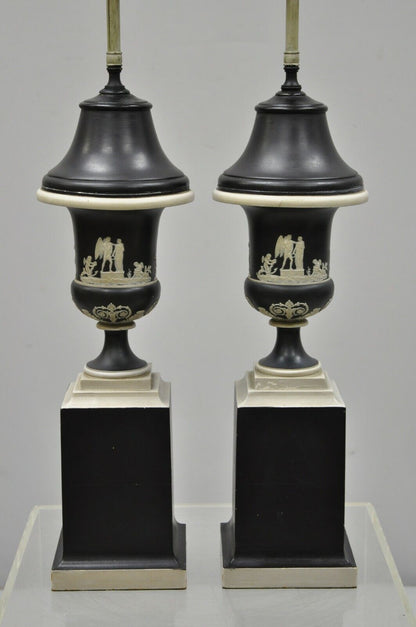 Antique Wedgwood Jasperware Black and White Urn Form Table Lamps - a Pair