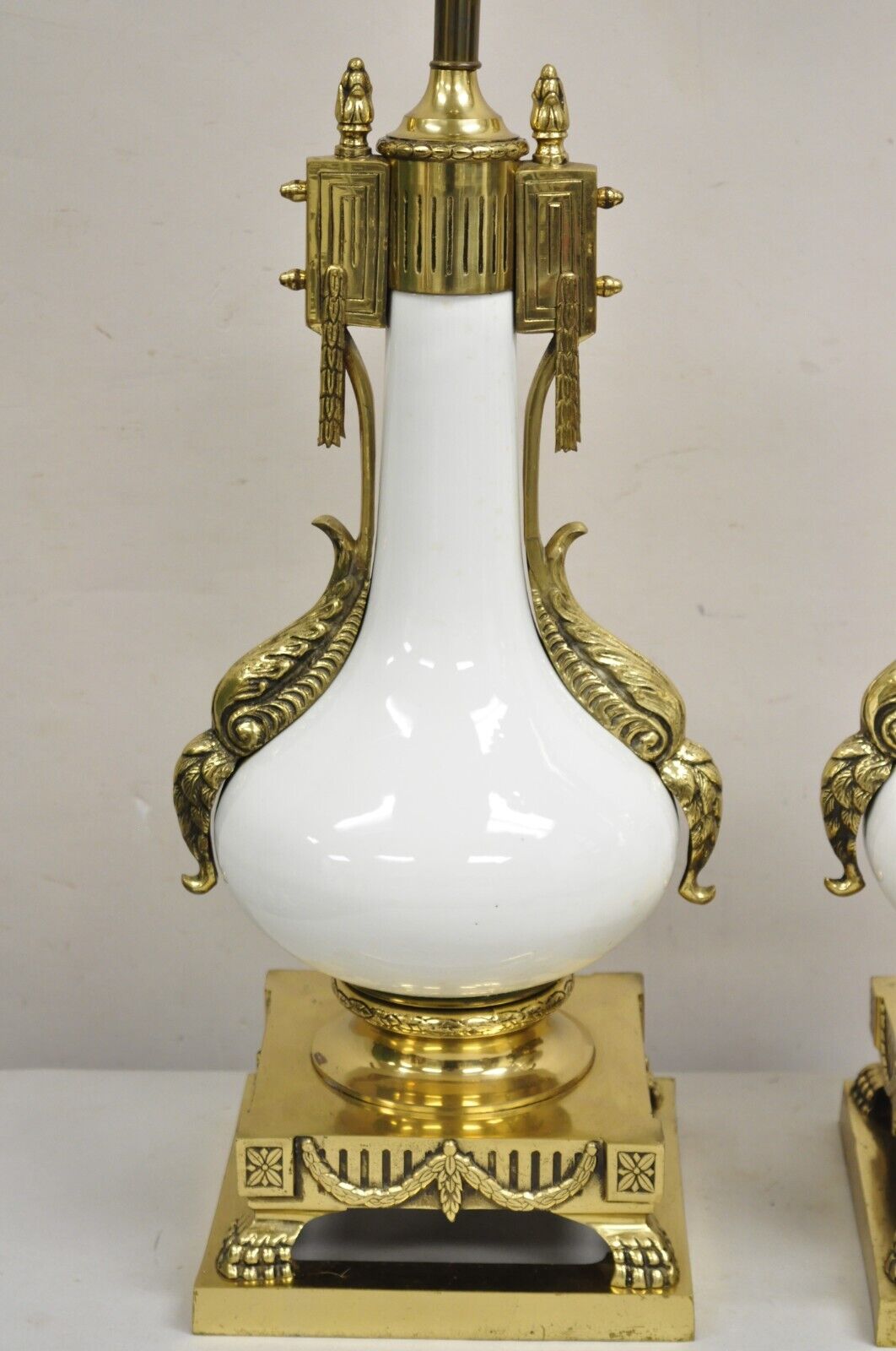 Vintage French Empire Neoclassical White Porcelain Brass Ormolu Table Lamp Pair