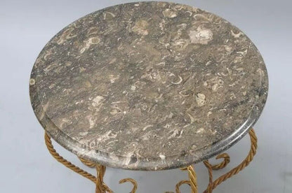 Italian Hollywood Regency Gold Gilt Iron Rope Round Marble Top Low Tables - Pair
