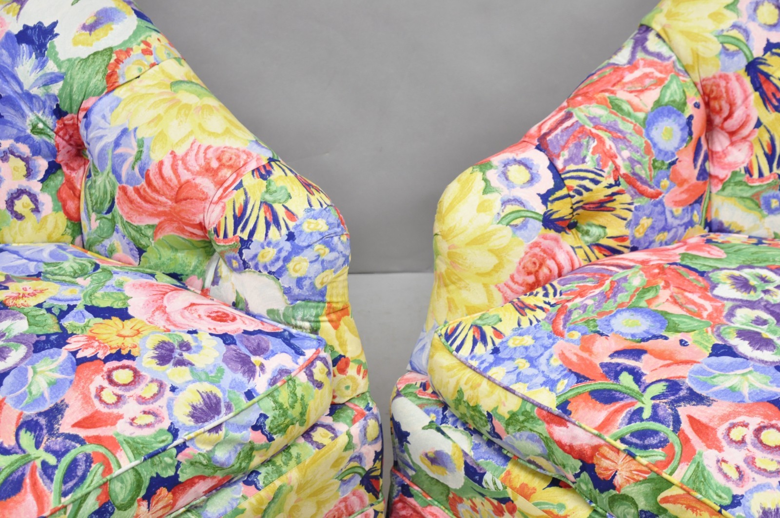 Vintage English Regency Floral Chintz Tufted Rolled Arm Club Lounge Chair - Pair