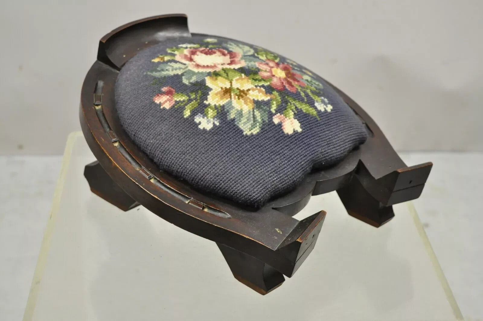 Antique Victorian Mahogany Horseshoe Needlepoint Gout Stool Footstool Ottoman