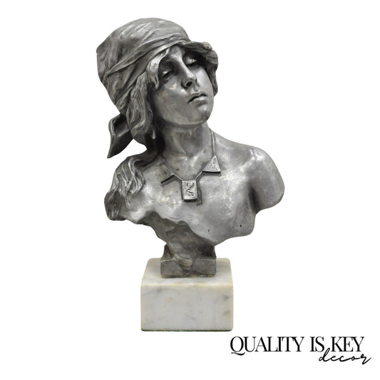 Antique Emmanuel Villanis "Saida" Pewter Clad Female Bust Sculpture Statue