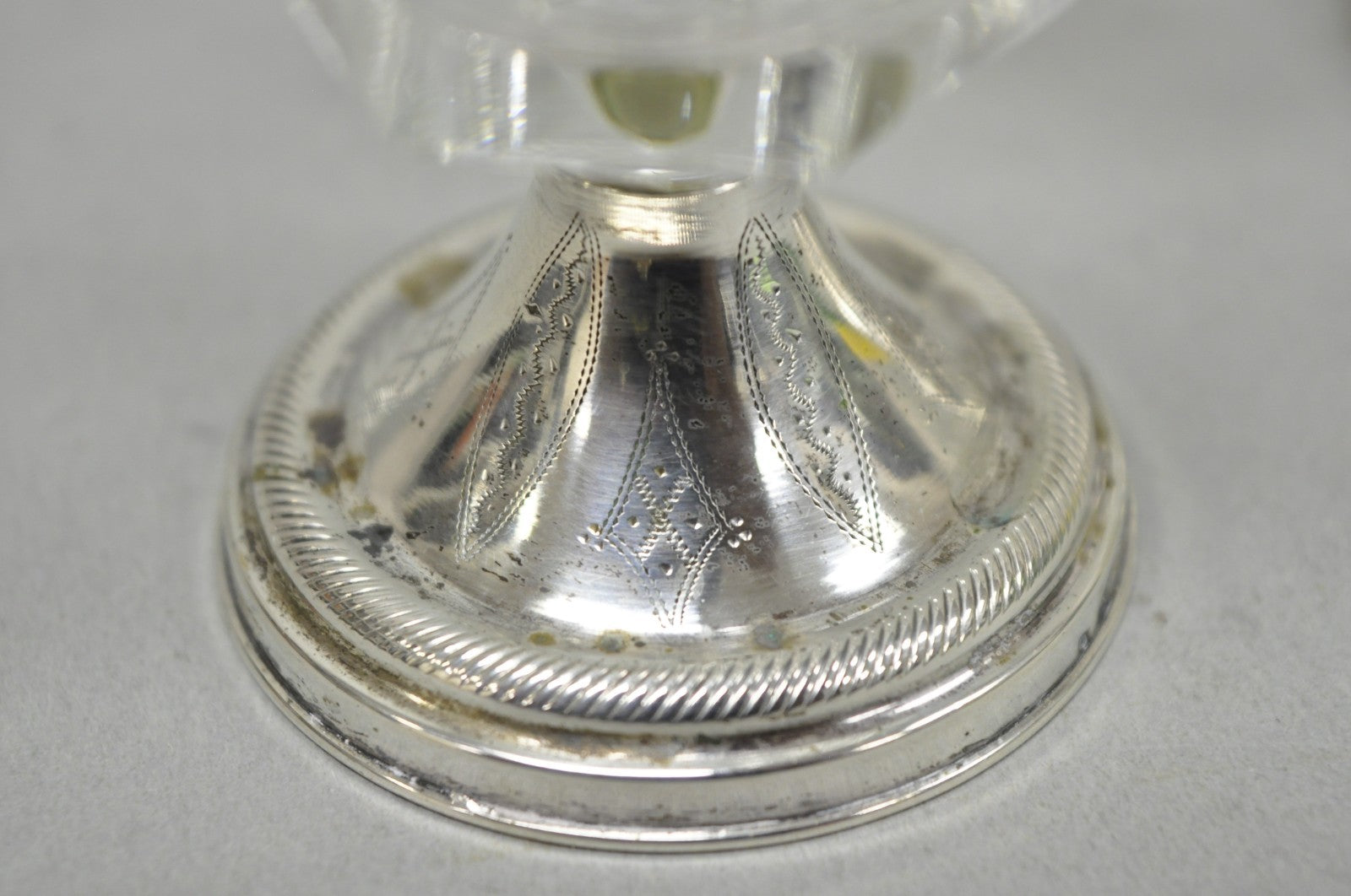 Antique English Victorian Crystal Glass & Silver Sweetmeat Candy Nut Dish, Set 6