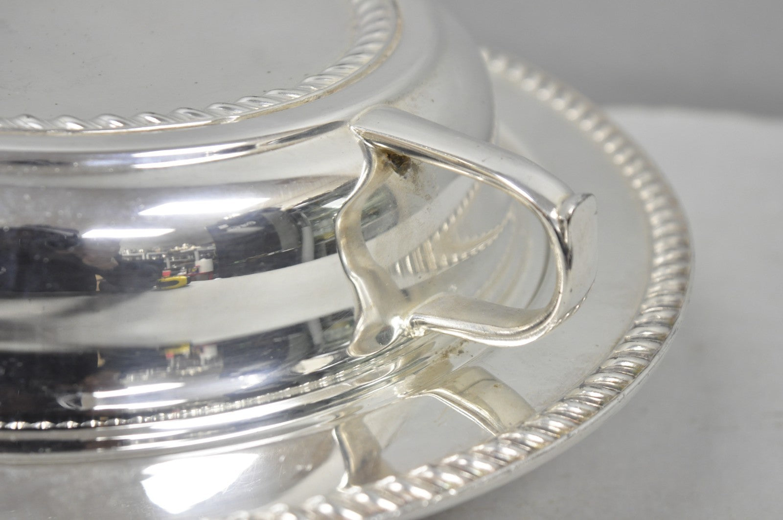 Vintage English Regency Style Round Covered Silver Plated Serving Dish w/Divider