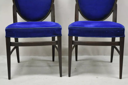 French Art Deco Oval Upholstered Back Mahogany Frame Blue Dining Chairs - a Pair