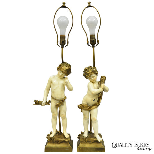 Antique French Moreau Figural Full Cherub Painted Metal Table Lamps - a Pair