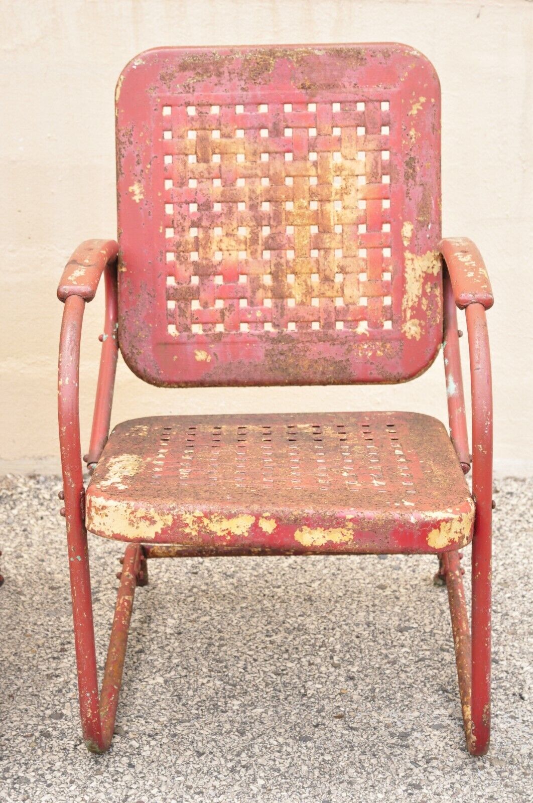 Antique Art Deco Basketweave Red Distress Paint Bouncer Garden Chairs - a Pair