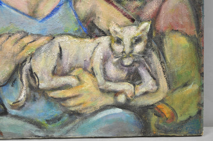 Vintage Samuel Heller "Women with Cat" Oil on Canvas Portrait Painting Signed