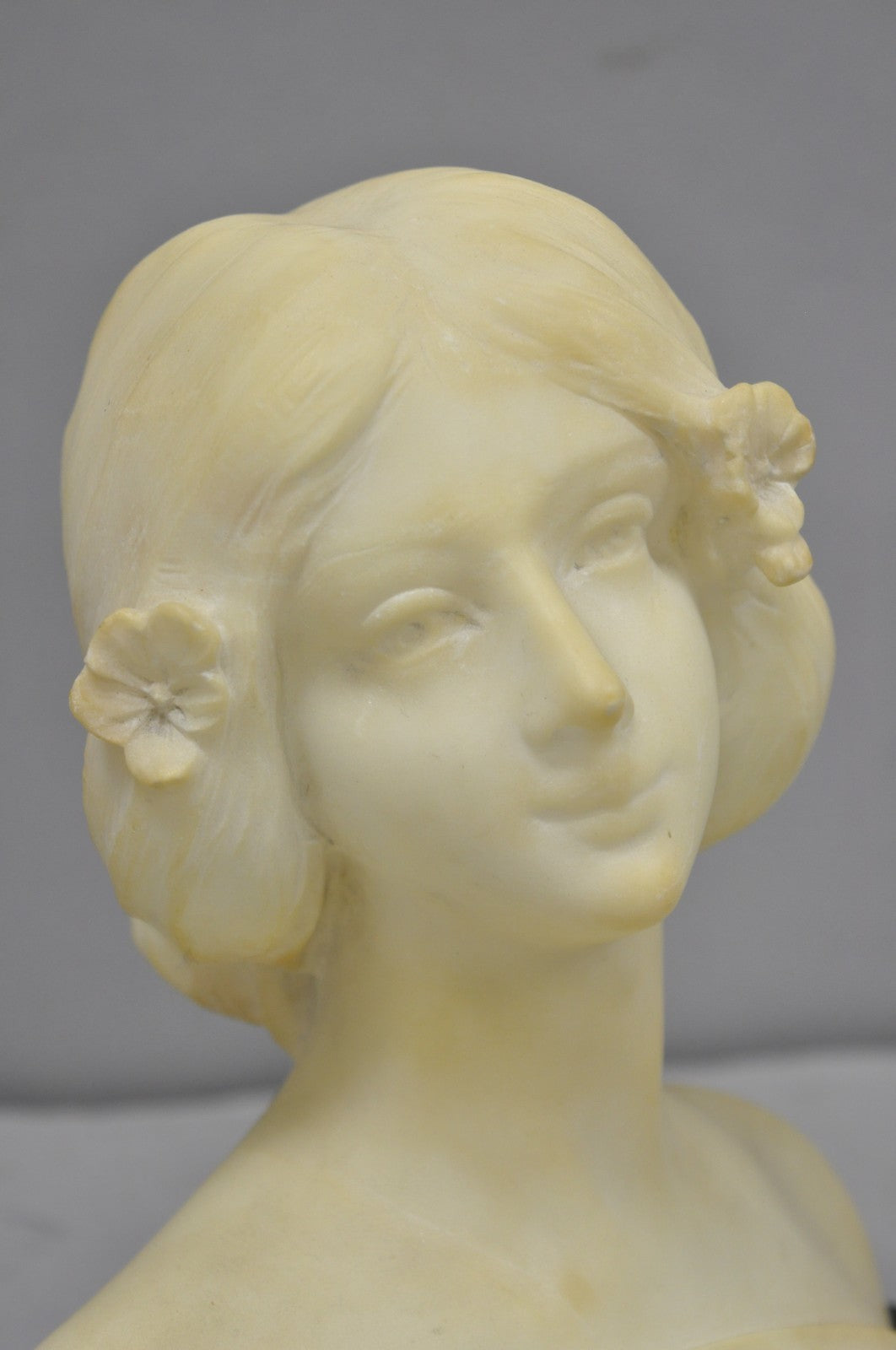 Antique Neoclassical Carved White Marble 9" Bust of Woman's Head on Marble Base