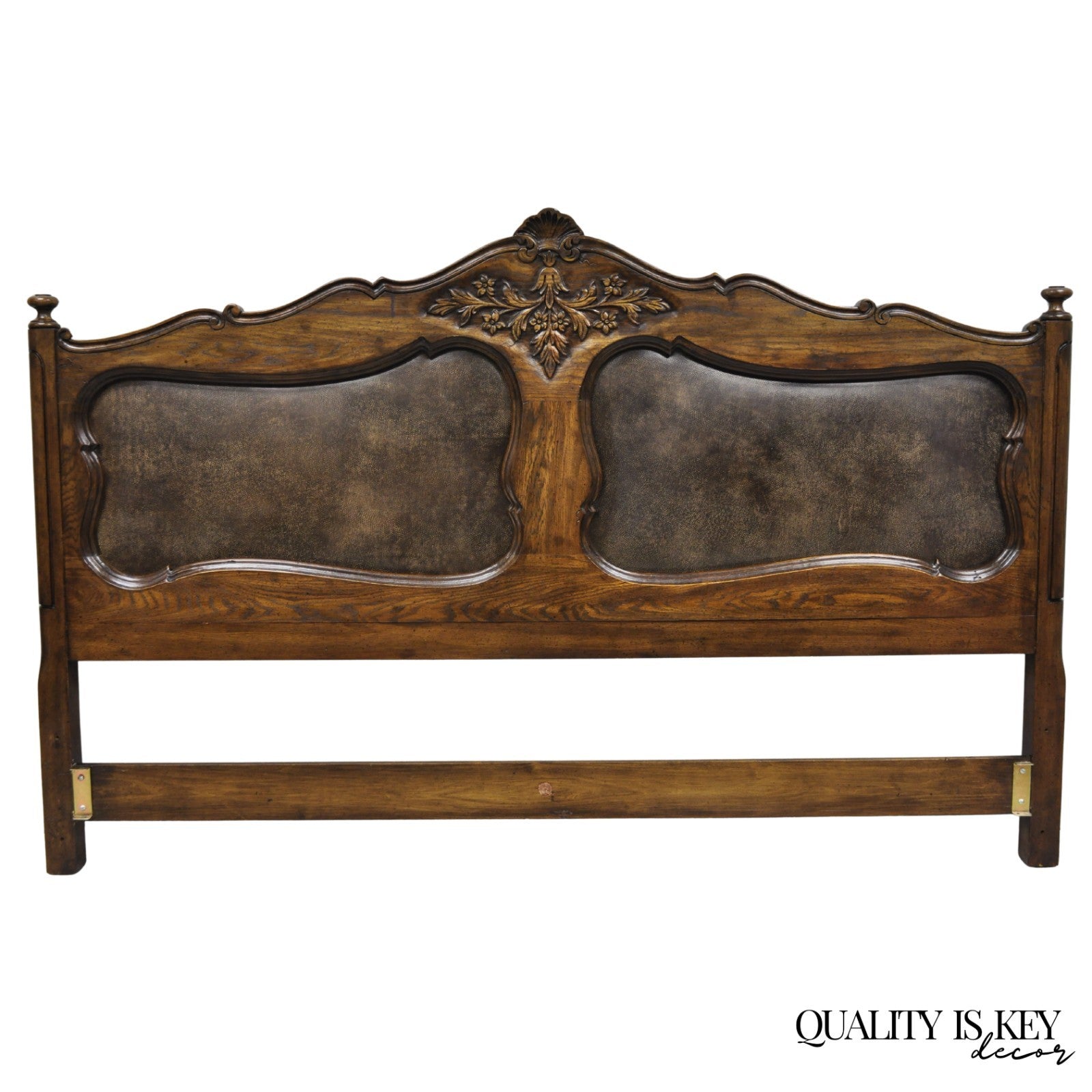 Vintage French Country Provincial Oak Wood Upholstered Panel King Bed Headboard
