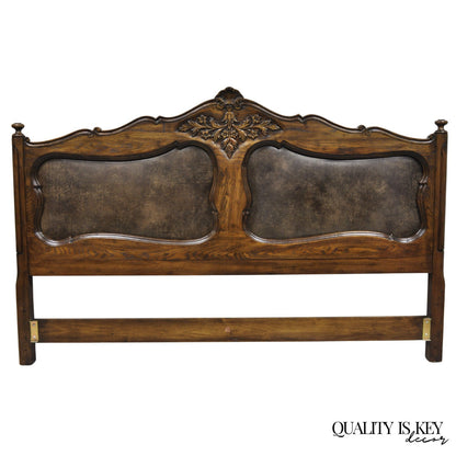 Vintage French Country Provincial Oak Wood Upholstered Panel King Bed Headboard