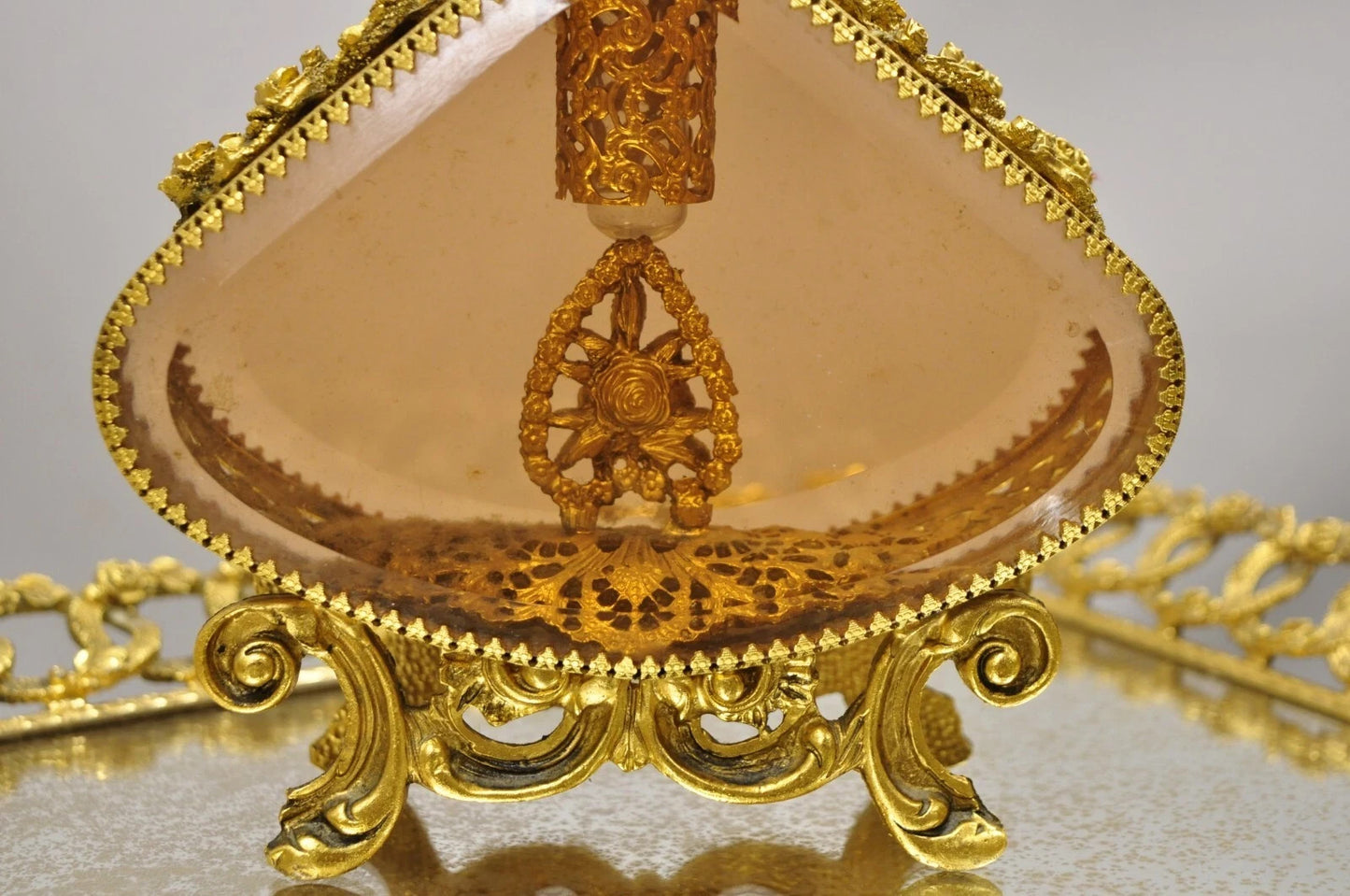 Vintage French Gold Filigree Vanity Set Perfume Clock Jewelry Box & Tray - 5 Pcs