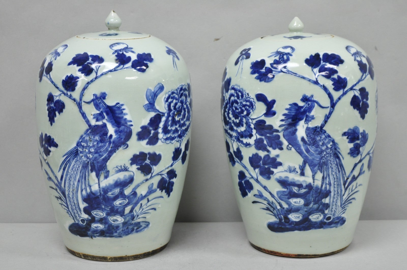 Antique Chinese Phoenix Bird Celadon Green Porcelain Covered Ginger Jar - Pair