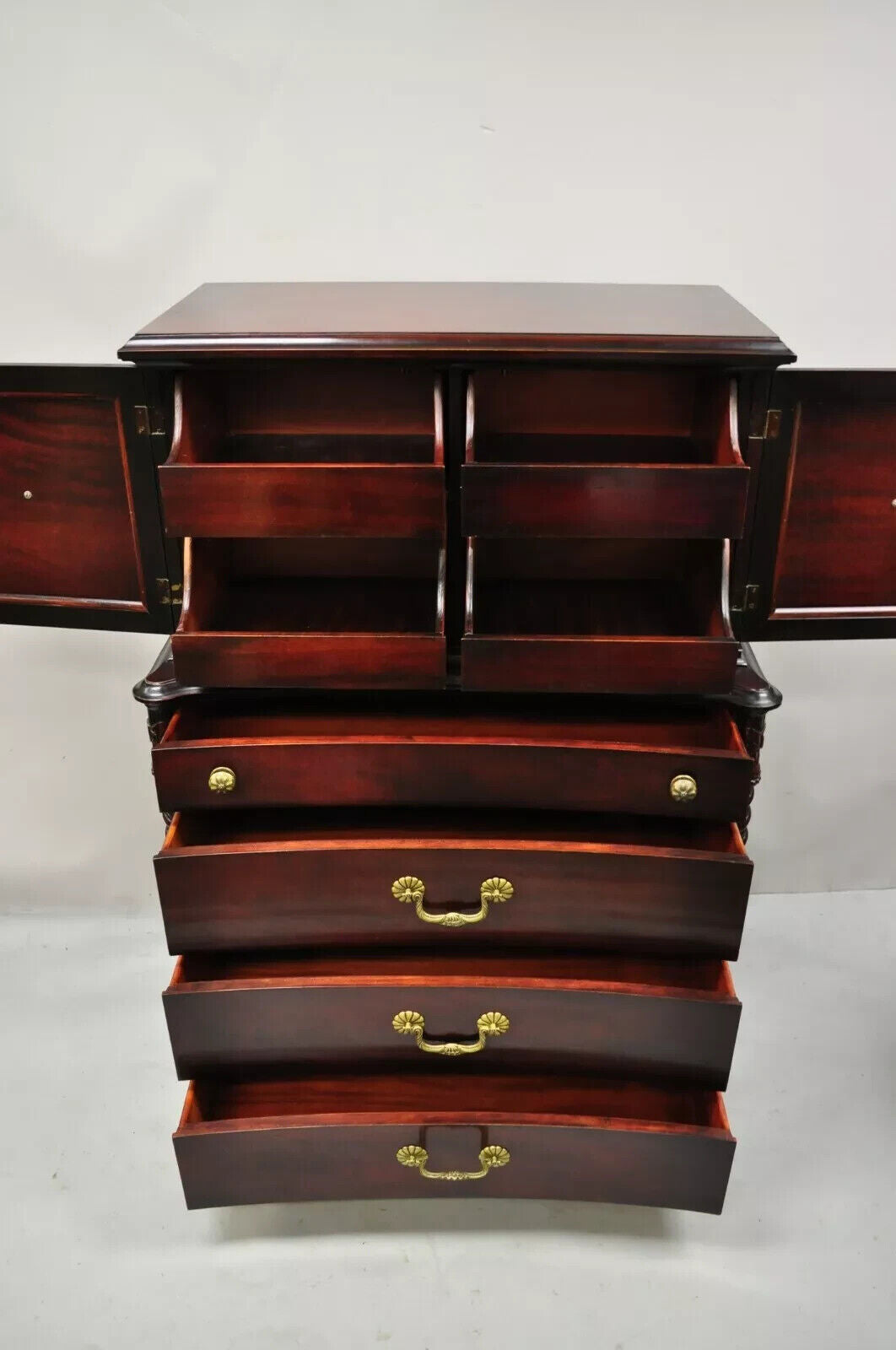Vintage Hollywood Regency Mahogany Leather Door Tall Chest on Chest Dresser