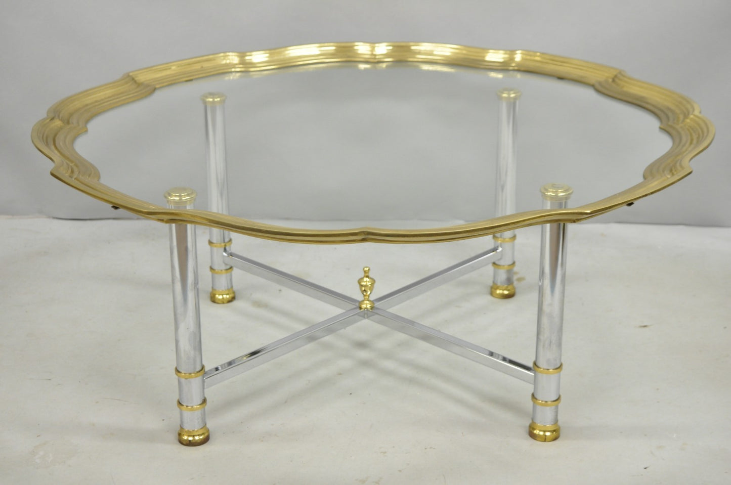 Vintage Maison Jansen Style Steel & Brass Scalloped Glass Tray Top Coffee Table