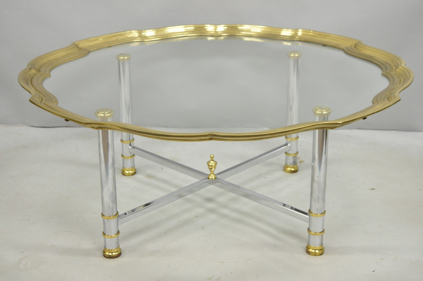 Vintage Maison Jansen Style Steel & Brass Scalloped Glass Tray Top Coffee Table