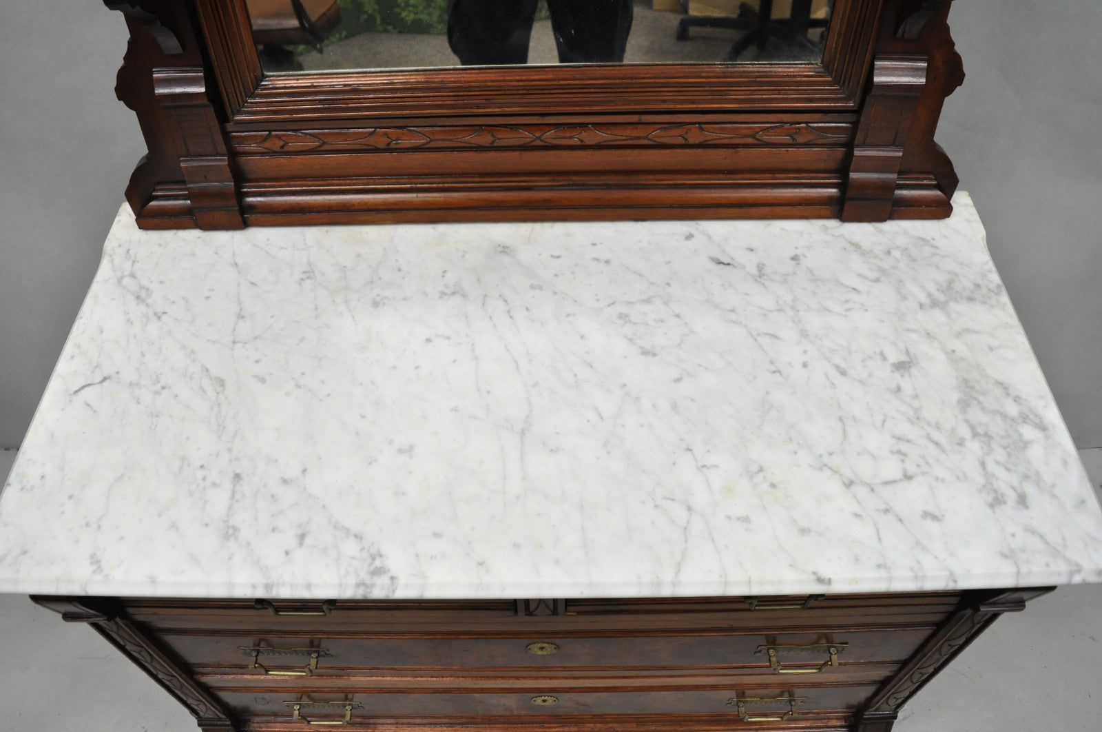 Antique Eastlake Victorian Carved Walnut Marble Top Washstand Dresser w/ Mirror