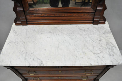 Antique Eastlake Victorian Carved Walnut Marble Top Washstand Dresser w/ Mirror