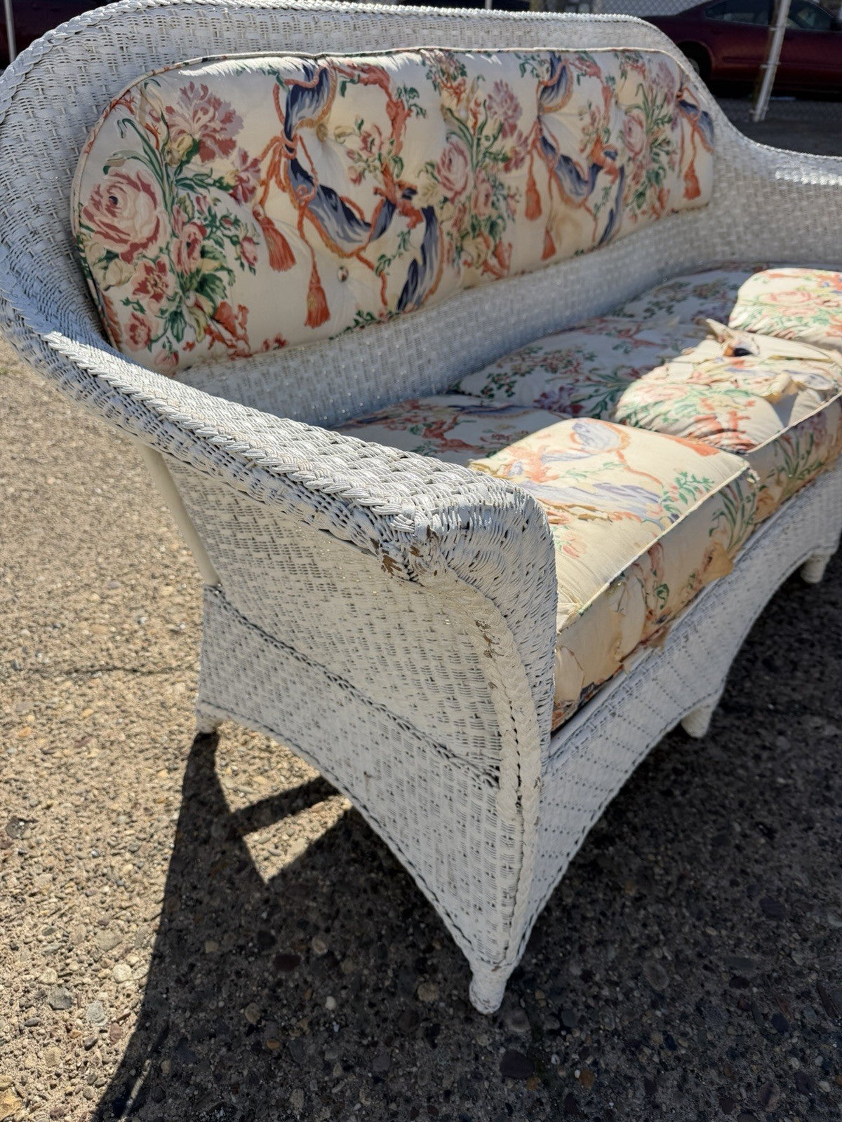 Antique Victorian White Wicker Rattan Sunroom Patio Sofa w/ Loose Cushions
