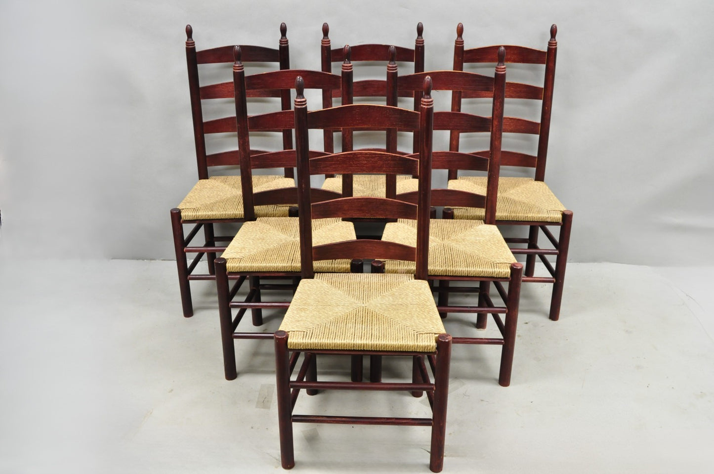 Primitive Rustic Ladder Back Woven Rush Seat Dining Side Chairs - Set of 6