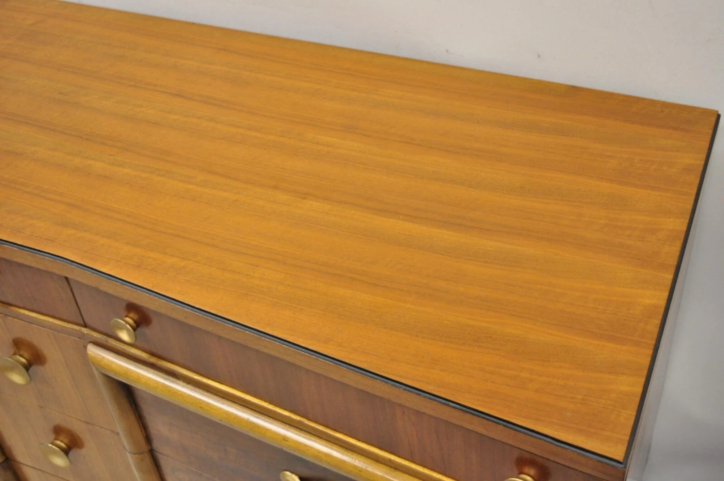 Mid Century Modern Art Deco Walnut Long Dresser Credenza w Mirror by Joerns Bros