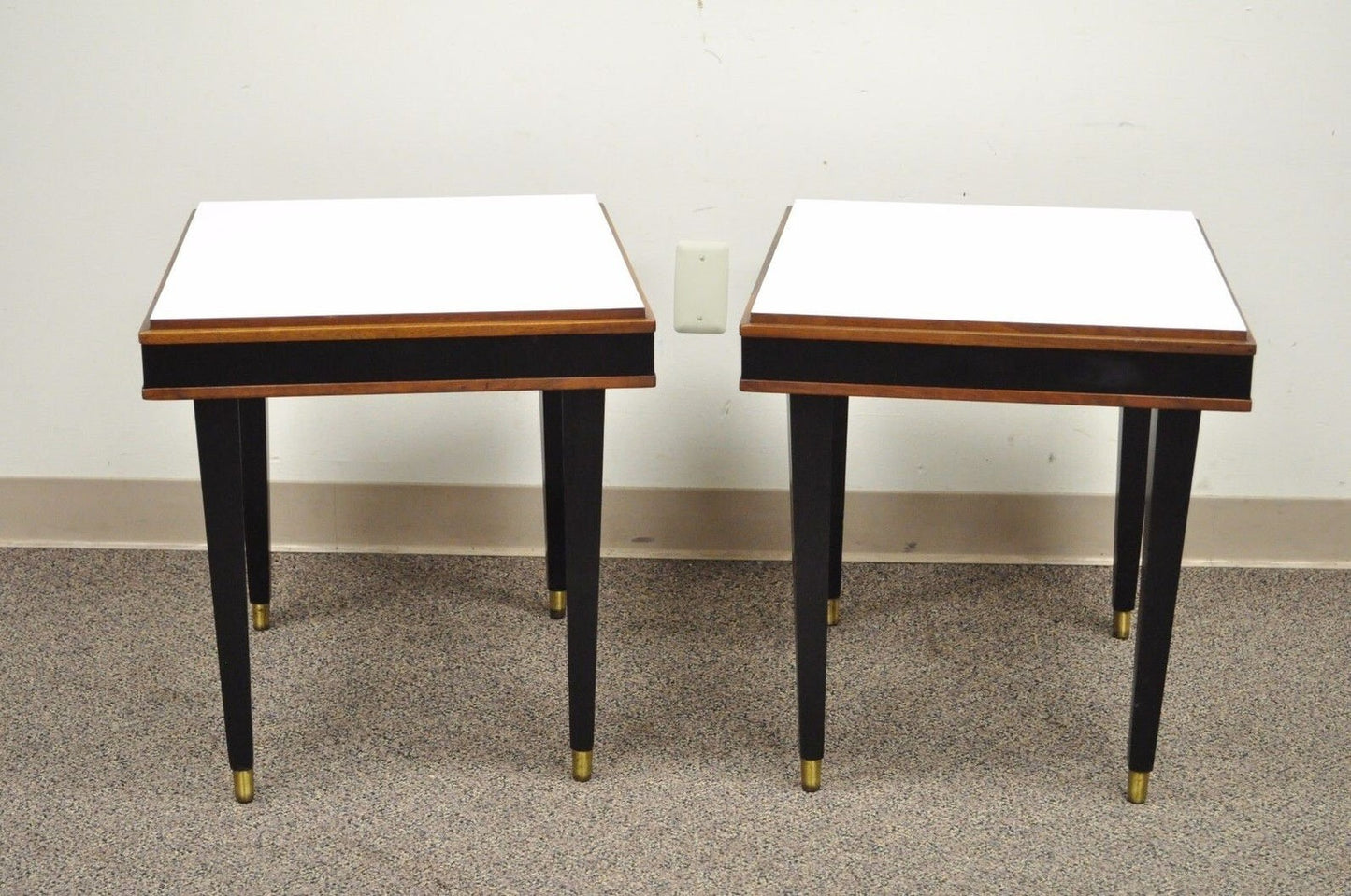 Vintage Mid Century Modern Black & White Rectangular Laminate End Tables - Pair