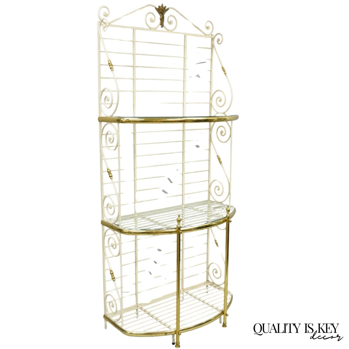 Vintage French Country White Wrought Iron & Brass 3 Tier Pastry Bakers Rack