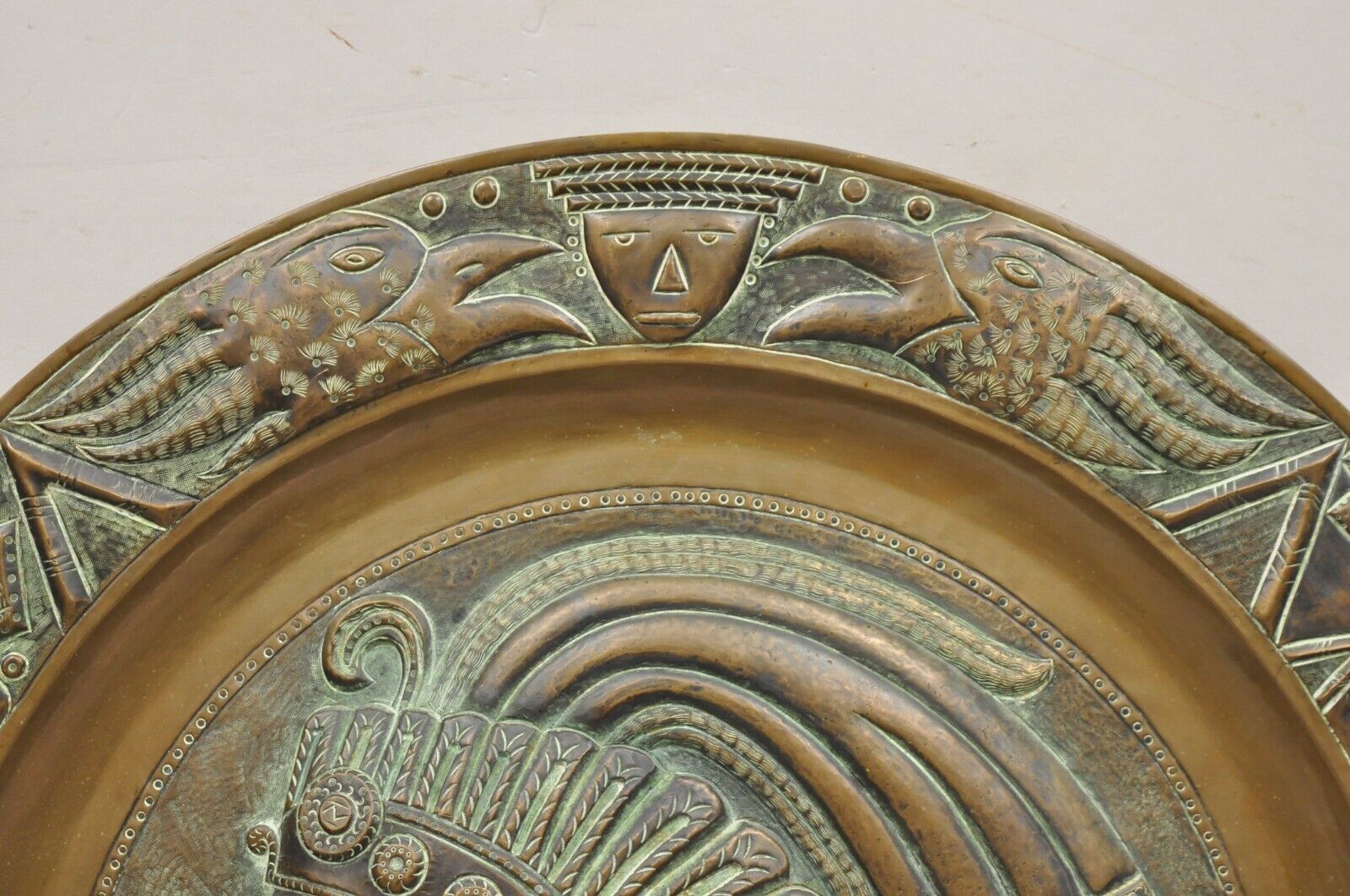 Vtg Copper Relief Figural Mexican Aztec Warrior Large Wall Plaque Charger Tray
