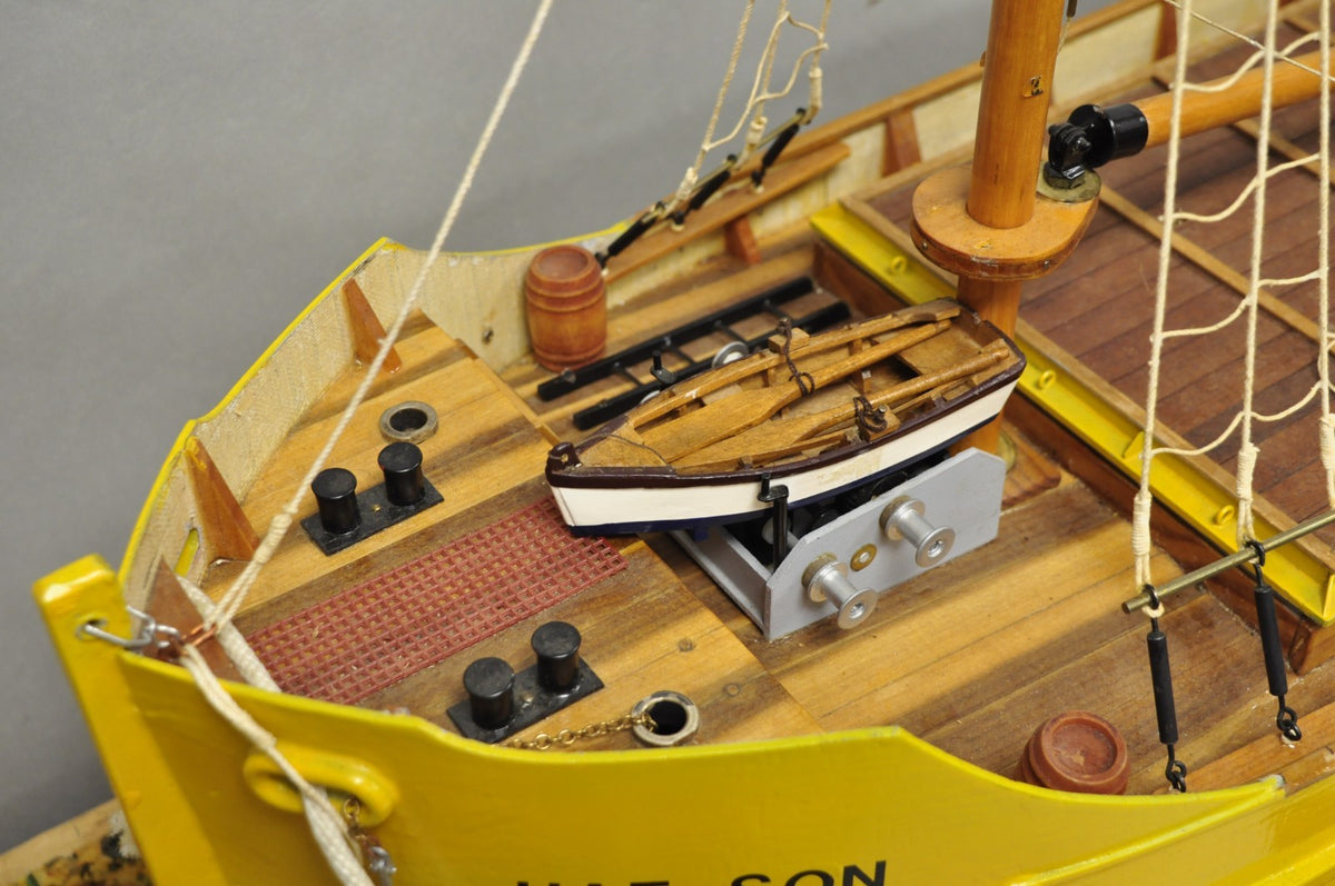 Large 48" Vintage Wooden Fishing Vessel Model Ship Yellow Hull South Korean Flag