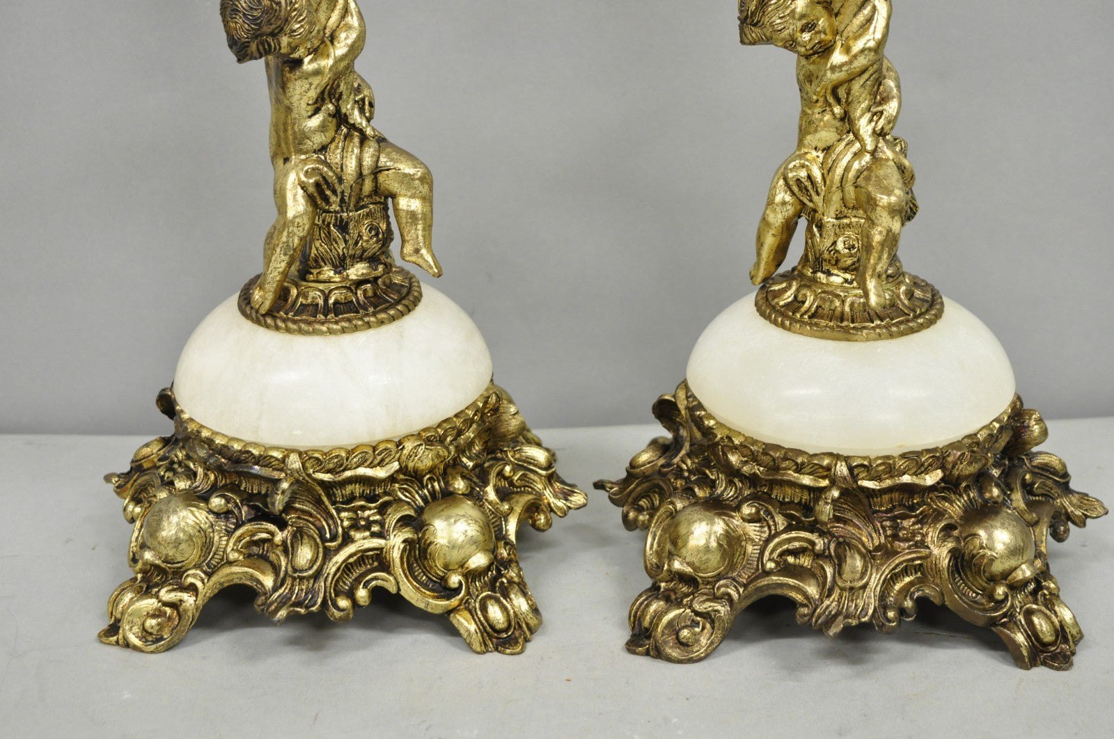 Vintage French Renaissance Rococo Alabaster & Brass Cherub Table Lamps - a Pair