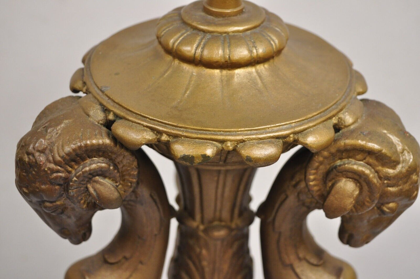 Vintage Neoclassical Style Triple Ram Goat Head Clad Gold Table Lamp