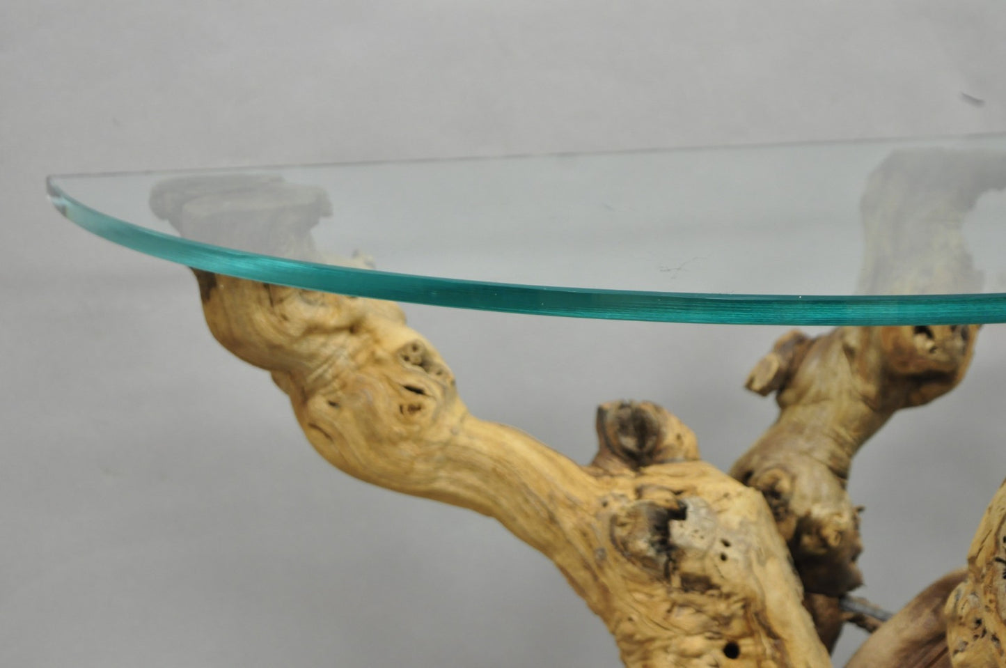 Vintage Mid Century Modern Natural Burl Driftwood Demilune Glass Console Table