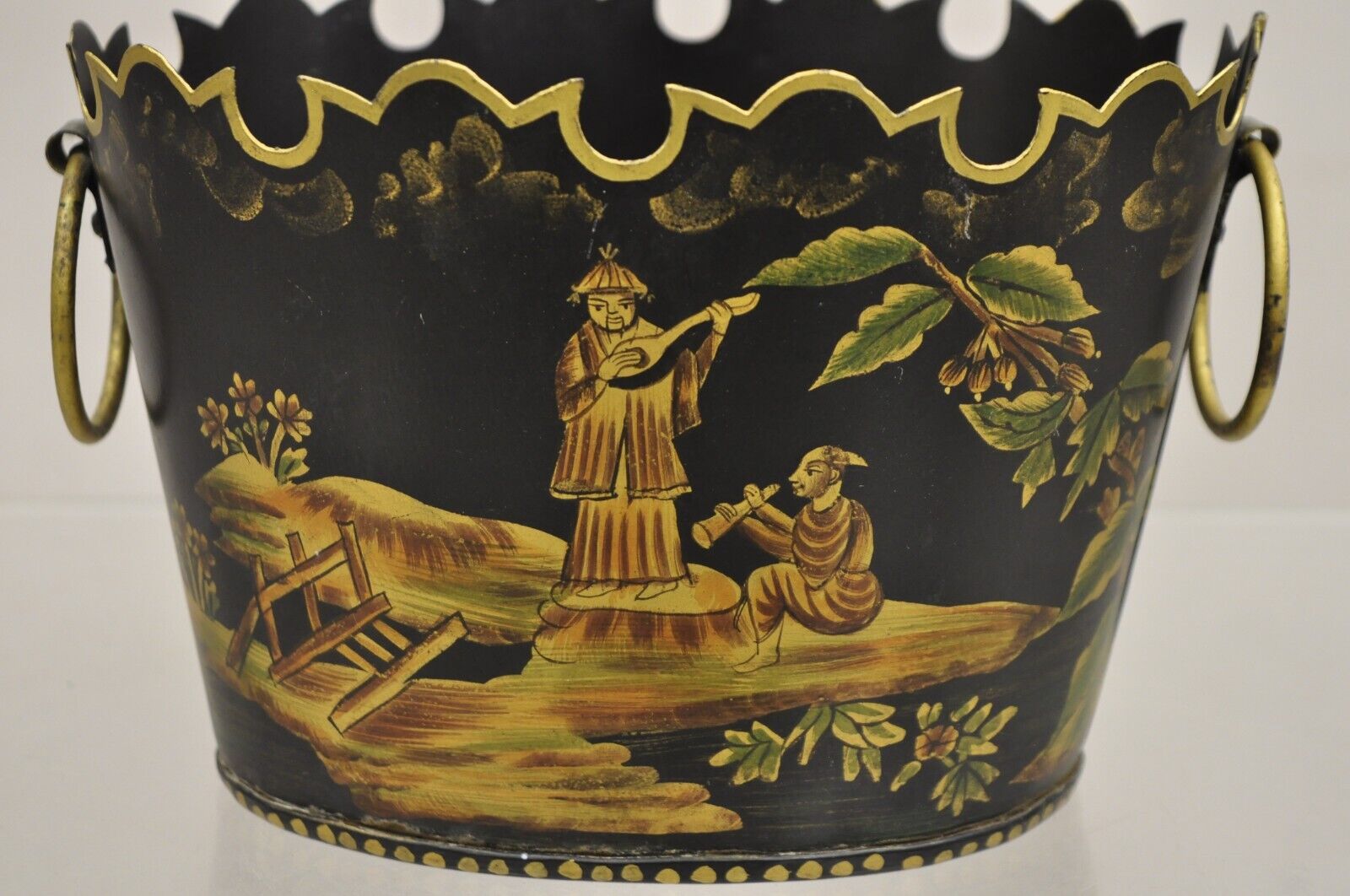 Scalloped Italian Hand Painted Toleware Chinoiserie Black Metal Planter - A Pair