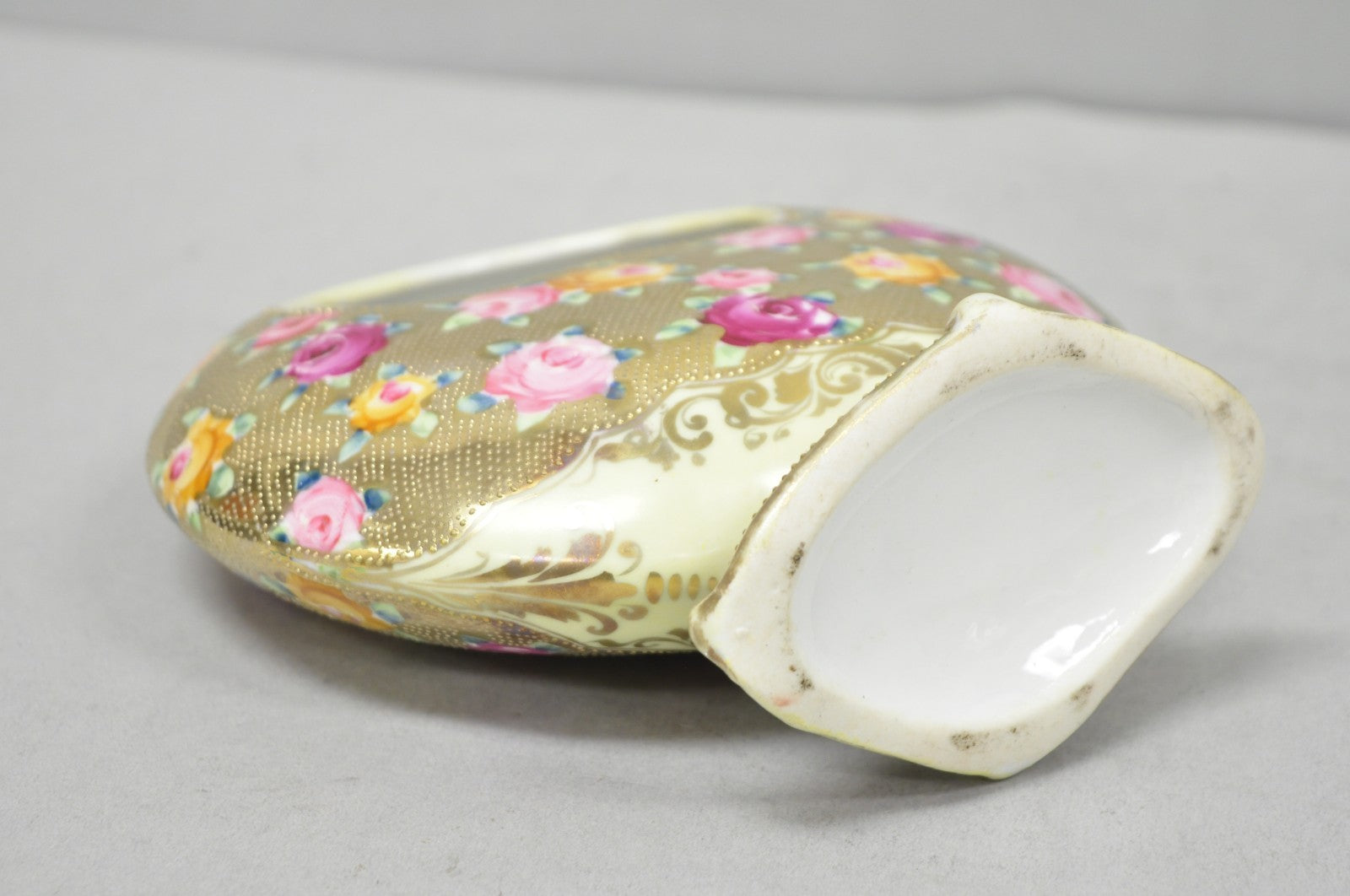 Antique Japanese Nippon Hand Painted Porcelain Gold Gilt Handle Moon Basket Vase