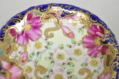 Antique Victorian Teacup & Saucer Cobalt Blue & Roses w/ Draped Gold Trim