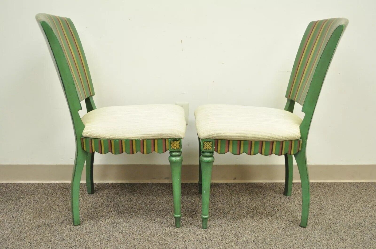 French Country Style Hollywood Regency Green Painted Dining Side Chairs - Set 4