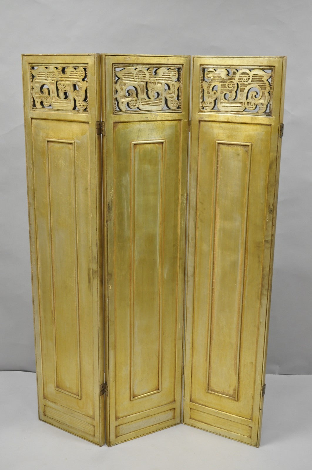 Antique Chinoiserie Oriental Eglomise Antiqued Mirror Glass 3 Panel Room Screen