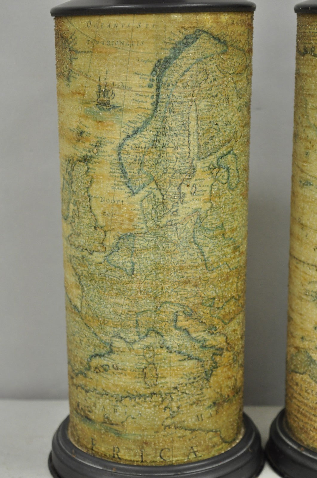 Vintage Regency Style European Old World Map Wrapped Cylinder Table Lamps - Pair