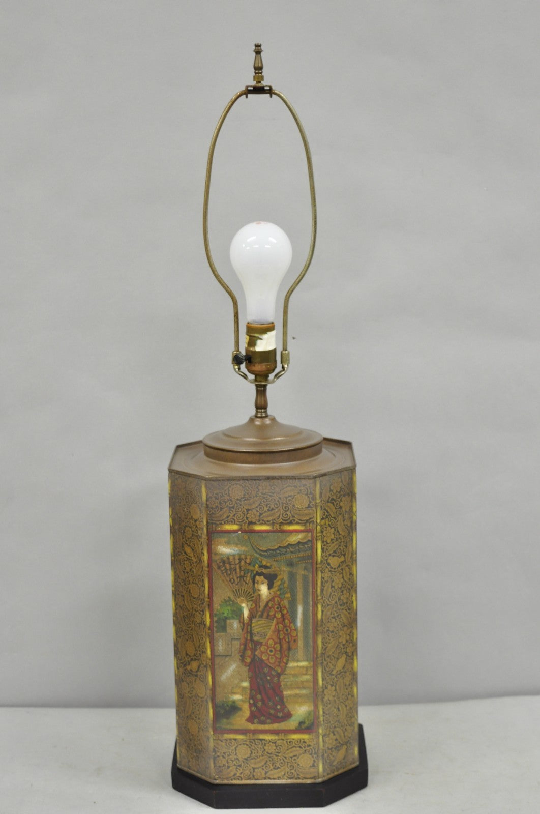 Vintage Chapman Oriental English Metal Tea Canister Figural Painted Table Lamp