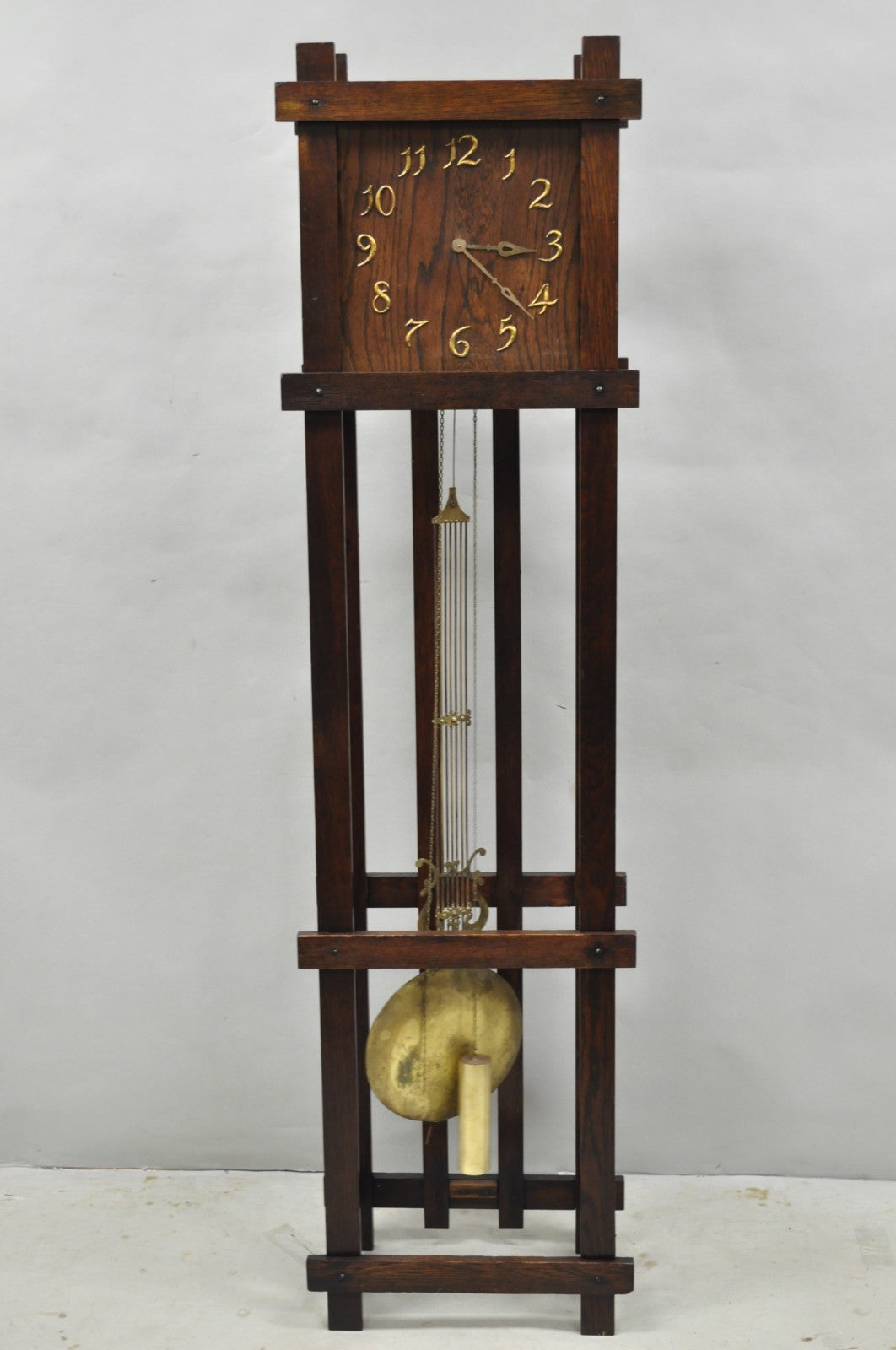 Antique Mission Arts and Crafts Oak Wood Tall Case Grandfather Clock