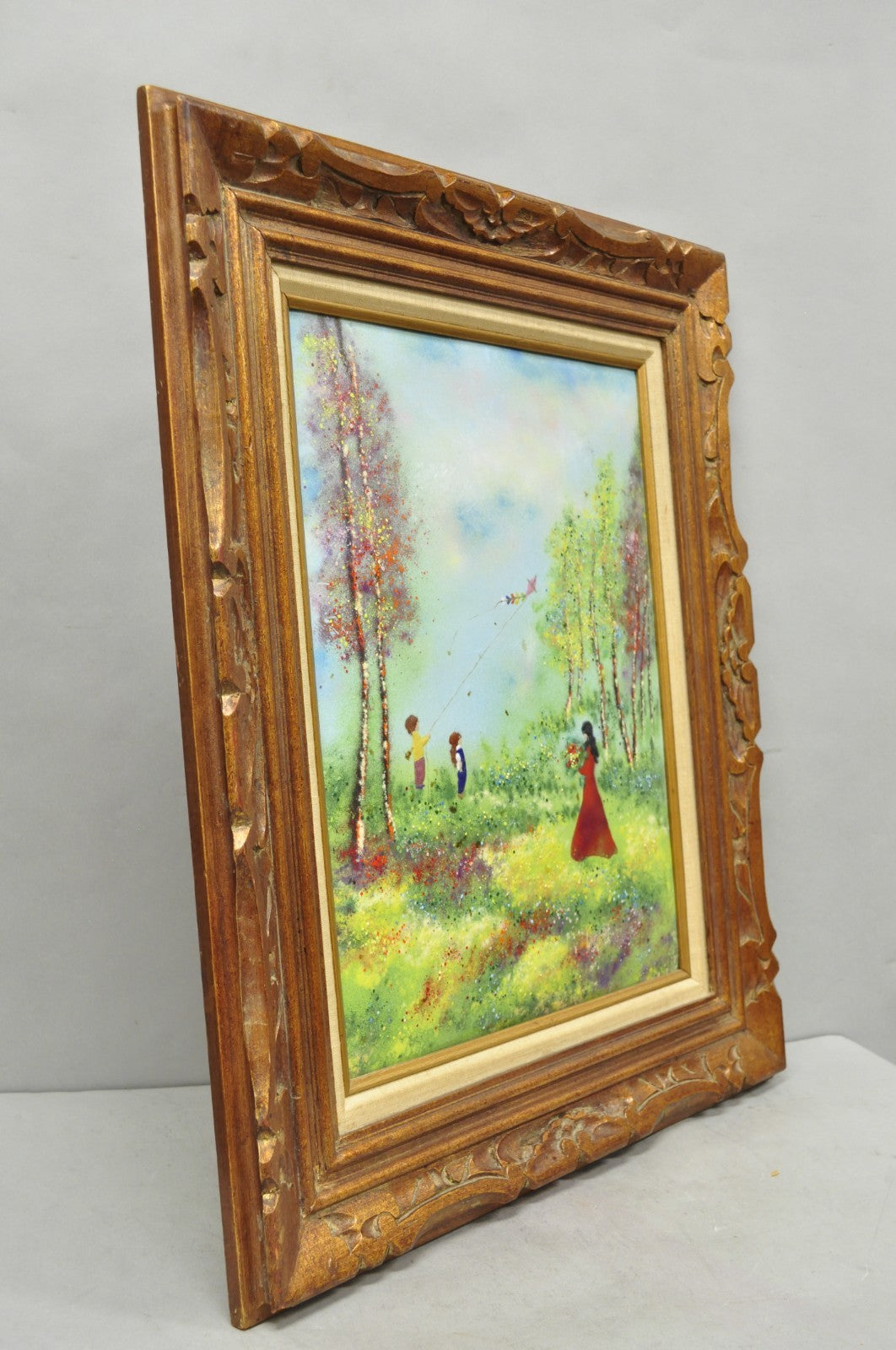 Vintage Louis Cardin Enamel on Copper Painting Framed "Woman with Boys & Kite"