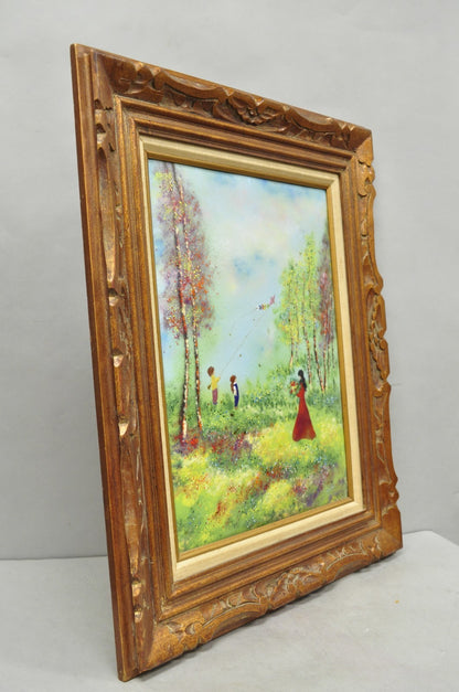 Vintage Louis Cardin Enamel on Copper Painting Framed "Woman with Boys & Kite"