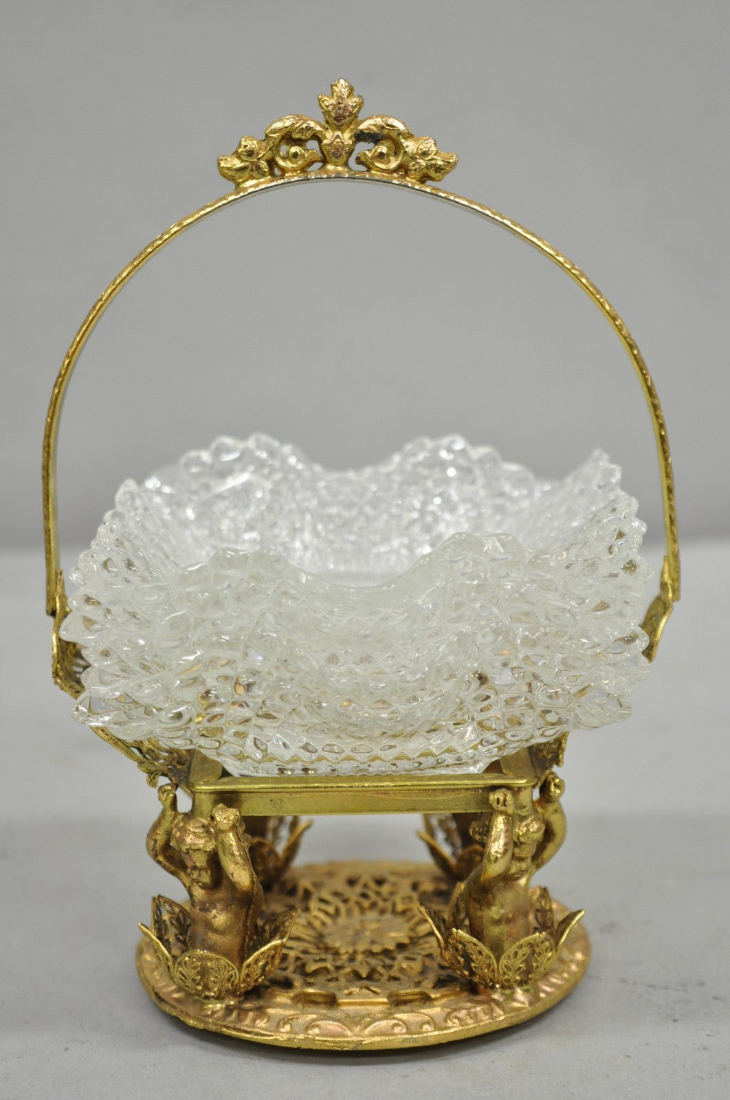 Vintage Brass Filigree Brides Basket Holder w/ Cherubs & 4 Ruffled Glass Dishes