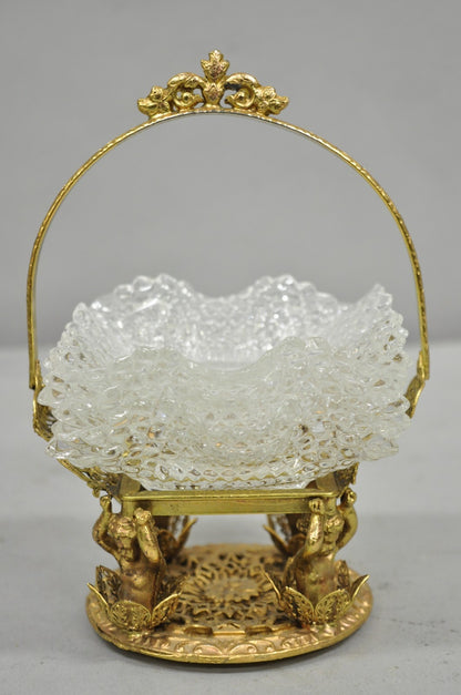 Vintage Brass Filigree Brides Basket Holder w/ Cherubs & 4 Ruffled Glass Dishes