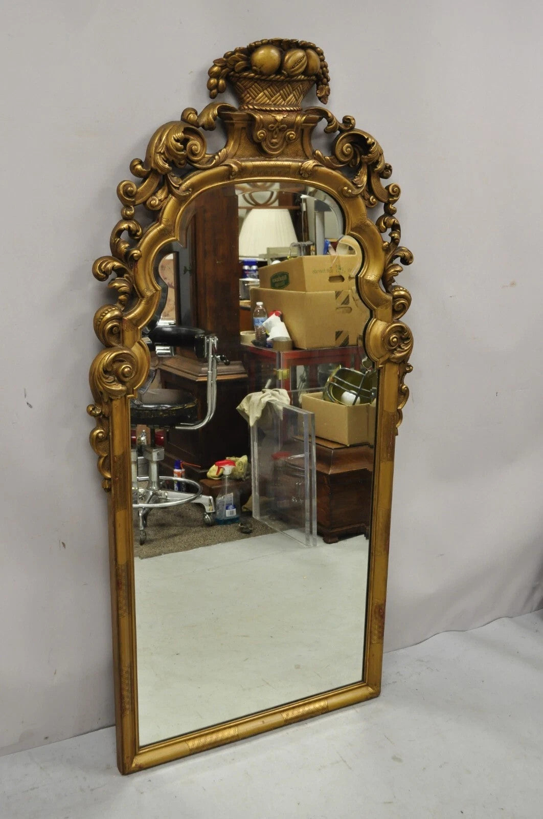 Antique French Rococo Gold Giltwood 65" Harvest Carved Fruit Basket Wall Mirror