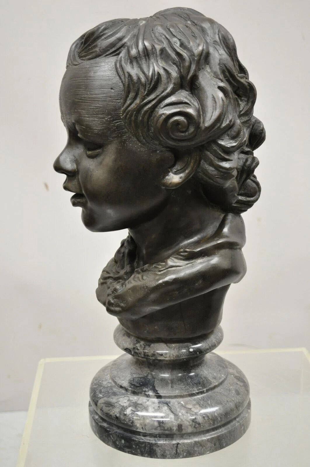 Maitland Smith Victorian Style 19" Bronze Boy Bust Head Sculpture on Marble Base