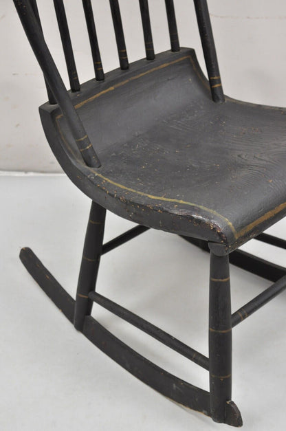 Antique Colonial Stencil Back Black Painted Plank Bottom Rocker Rocking Chair