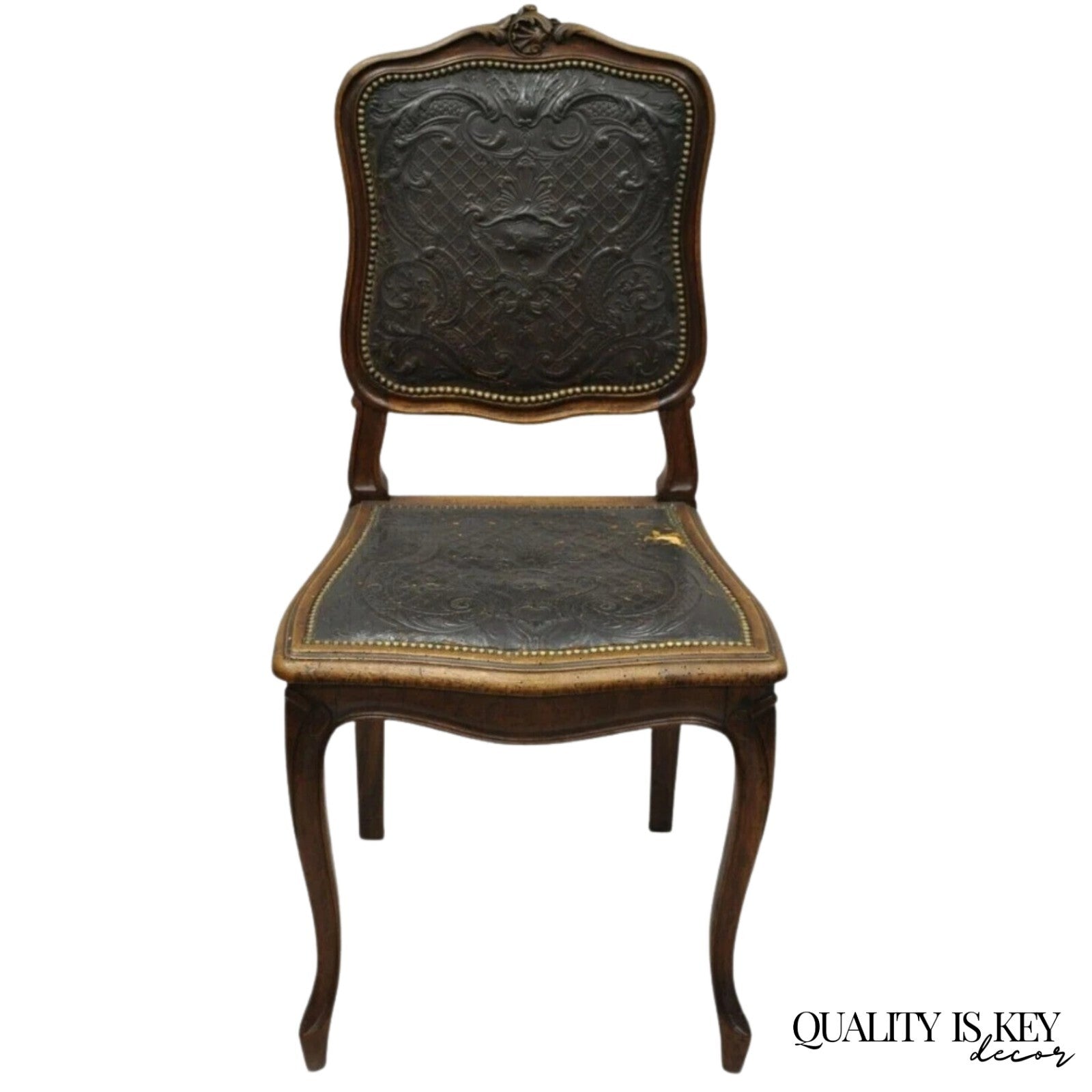 Antique French Louis XV Style Brown Embossed Leather Walnut Dining Side Chair A