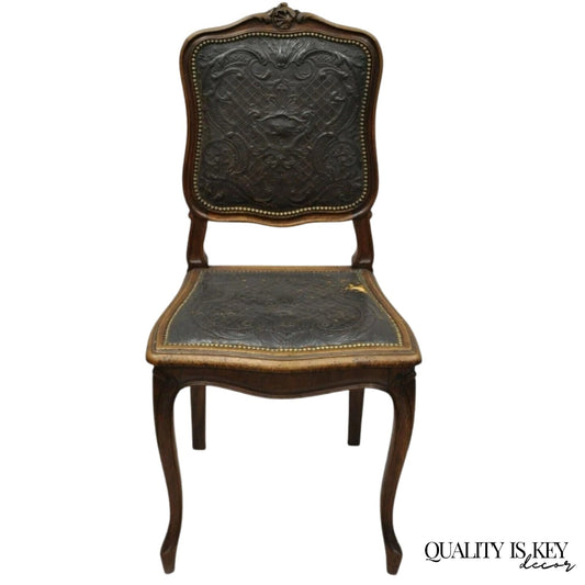 Antique French Louis XV Style Brown Embossed Leather Walnut Dining Side Chair A
